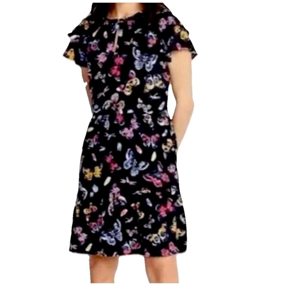 Old Navy Tiered Butterfly Black Short Flutter Sleeve Swing Dress SZ Petite Large
